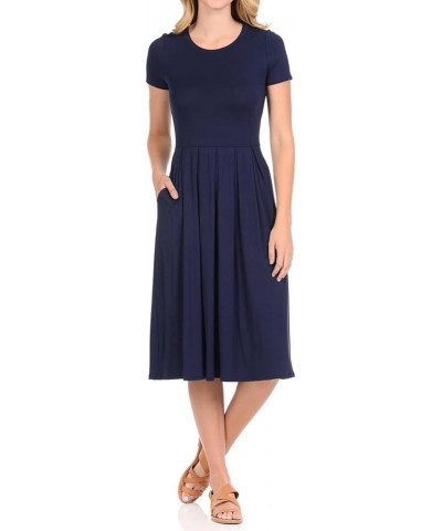 Women's Short Sleeve Pleated Midi Dress with Pockets Casual Formal Summer Navy $10.19 Dresses