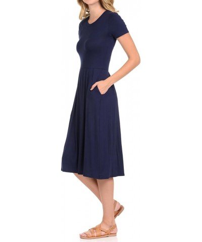 Women's Short Sleeve Pleated Midi Dress with Pockets Casual Formal Summer Navy $10.19 Dresses