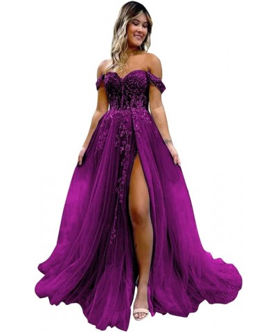 Women's Off The Shoulder Glitter Tulle Prom Dresses Long Lace Appliques Formal Gowns Evening Dress with Slit Plum $43.34 Dresses