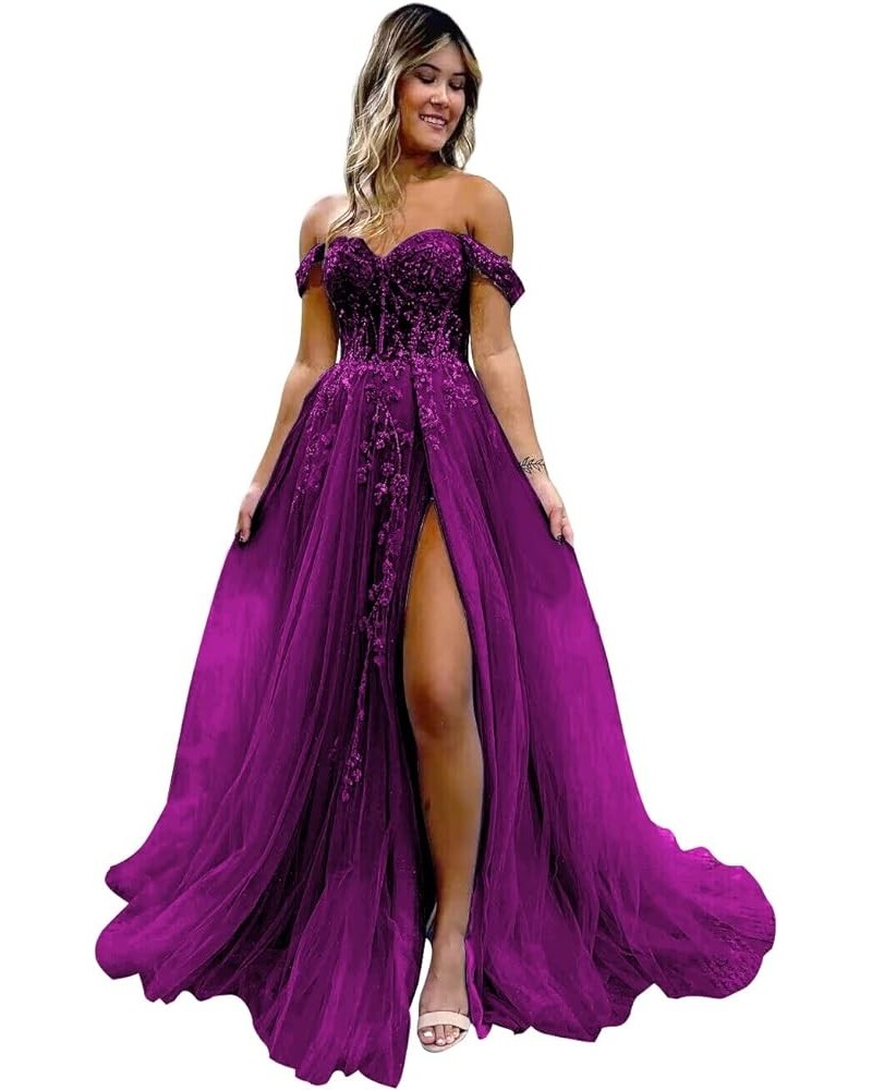 Women's Off The Shoulder Glitter Tulle Prom Dresses Long Lace Appliques Formal Gowns Evening Dress with Slit Plum $43.34 Dresses