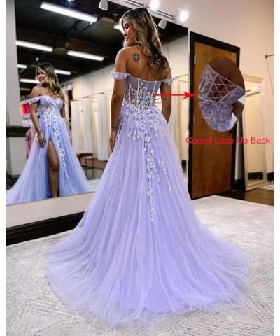 Women's Off The Shoulder Glitter Tulle Prom Dresses Long Lace Appliques Formal Gowns Evening Dress with Slit Plum $43.34 Dresses