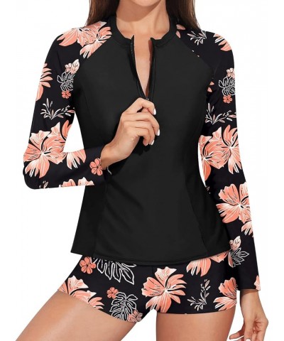 Women 2 Piece Rash Guard with Boy Shorts Long Sleeve Zipper Swimsuit UPF 50 Bathing Suit Orange Flower $18.86 Swimsuits