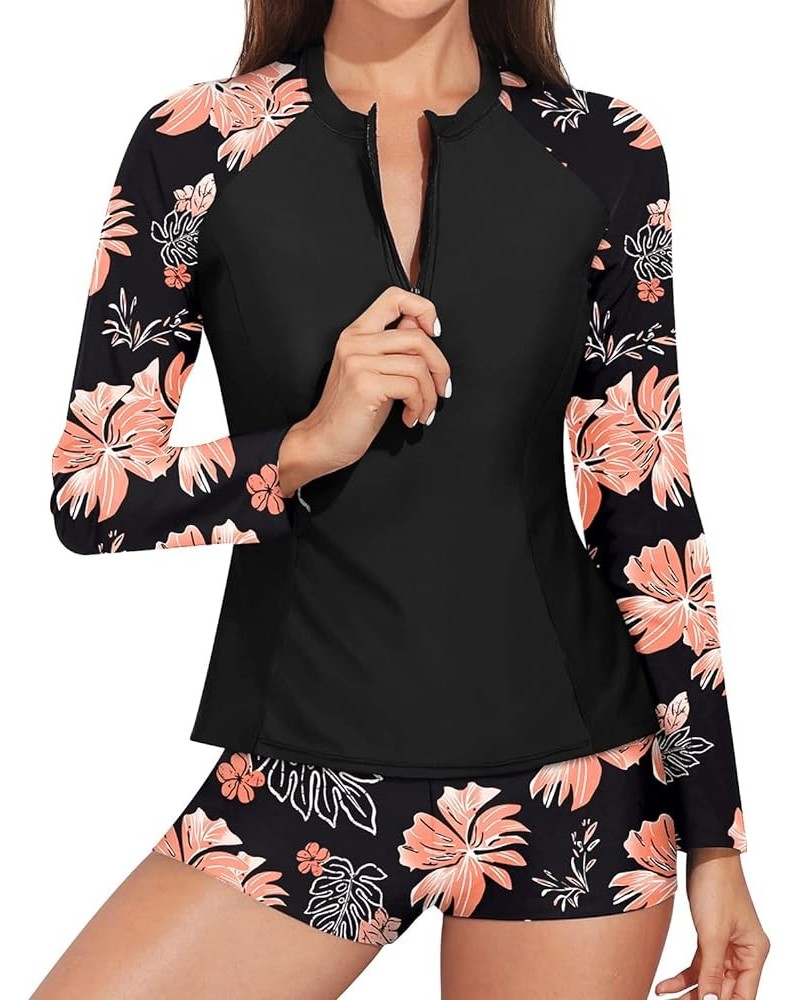 Women 2 Piece Rash Guard with Boy Shorts Long Sleeve Zipper Swimsuit UPF 50 Bathing Suit Orange Flower $18.86 Swimsuits