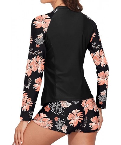 Women 2 Piece Rash Guard with Boy Shorts Long Sleeve Zipper Swimsuit UPF 50 Bathing Suit Orange Flower $18.86 Swimsuits