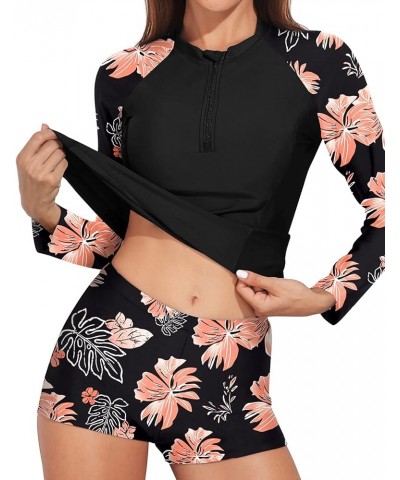 Women 2 Piece Rash Guard with Boy Shorts Long Sleeve Zipper Swimsuit UPF 50 Bathing Suit Orange Flower $18.86 Swimsuits