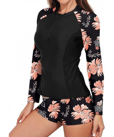 Women 2 Piece Rash Guard with Boy Shorts Long Sleeve Zipper Swimsuit UPF 50 Bathing Suit Orange Flower $18.86 Swimsuits