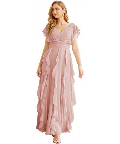 Prom Gowns for Women Ruffled Bridesmaid Dresses V Back Dress for Wedding Guests Sliver Pink $64.97 Dresses