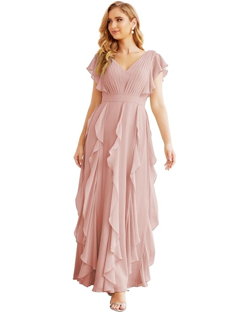 Prom Gowns for Women Ruffled Bridesmaid Dresses V Back Dress for Wedding Guests Sliver Pink $64.97 Dresses