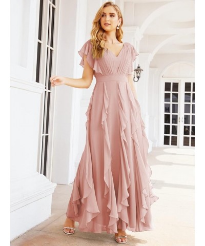 Prom Gowns for Women Ruffled Bridesmaid Dresses V Back Dress for Wedding Guests Sliver Pink $64.97 Dresses