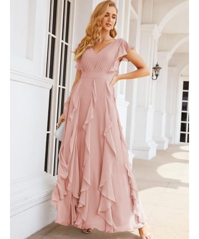 Prom Gowns for Women Ruffled Bridesmaid Dresses V Back Dress for Wedding Guests Sliver Pink $64.97 Dresses