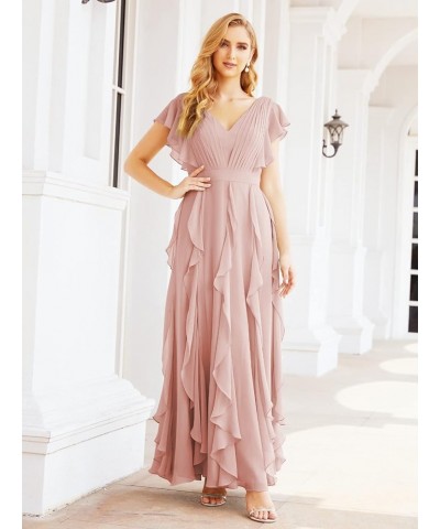 Prom Gowns for Women Ruffled Bridesmaid Dresses V Back Dress for Wedding Guests Sliver Pink $64.97 Dresses