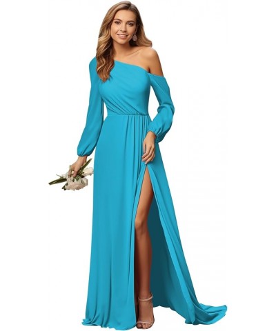 One Shoulder Long Sleeve Bridesmaid Dress with Slit Asymmetrical Chiffon Formal Wedding Guest Dresses Blue $24.00 Dresses