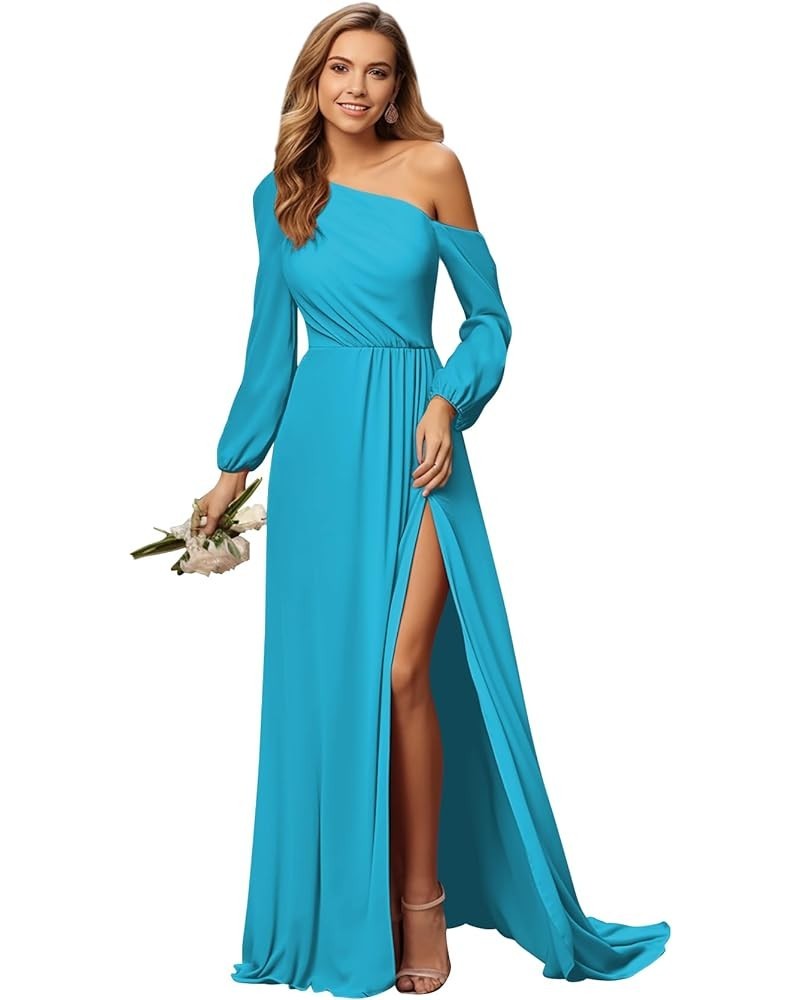 One Shoulder Long Sleeve Bridesmaid Dress with Slit Asymmetrical Chiffon Formal Wedding Guest Dresses Blue $24.00 Dresses