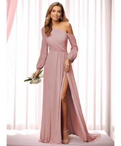 One Shoulder Long Sleeve Bridesmaid Dress with Slit Asymmetrical Chiffon Formal Wedding Guest Dresses Blue $24.00 Dresses