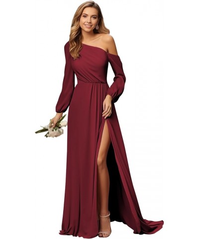 One Shoulder Long Sleeve Bridesmaid Dress with Slit Asymmetrical Chiffon Formal Wedding Guest Dresses Blue $24.00 Dresses