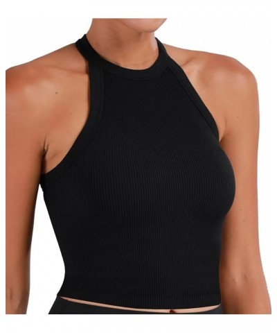 Ribbed Tank Tops for Women, Halter High Neck Seamless Cute Crop Top, Basics Sleeveless Workout Athletic Yoga Shirts Black+bla...