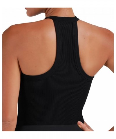 Ribbed Tank Tops for Women, Halter High Neck Seamless Cute Crop Top, Basics Sleeveless Workout Athletic Yoga Shirts Black+bla...