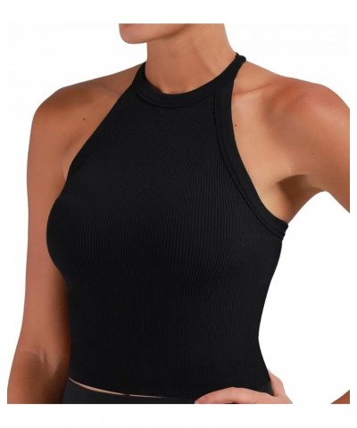 Ribbed Tank Tops for Women, Halter High Neck Seamless Cute Crop Top, Basics Sleeveless Workout Athletic Yoga Shirts Black+bla...