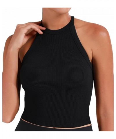 Ribbed Tank Tops for Women, Halter High Neck Seamless Cute Crop Top, Basics Sleeveless Workout Athletic Yoga Shirts Black+bla...