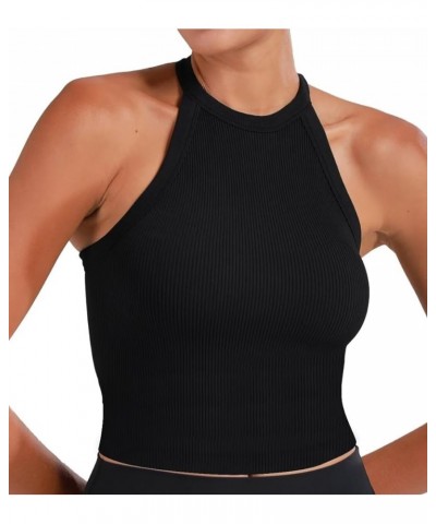 Ribbed Tank Tops for Women, Halter High Neck Seamless Cute Crop Top, Basics Sleeveless Workout Athletic Yoga Shirts Black+bla...