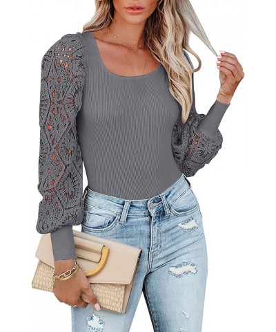 Womens Long Sleeve Tops Crew Neck Lace Pullover Tunic Sweaters Grey $13.99 Sweaters