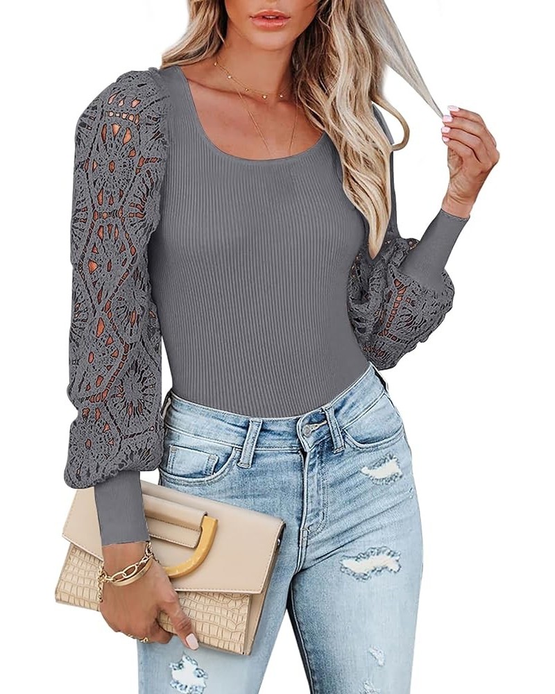 Womens Long Sleeve Tops Crew Neck Lace Pullover Tunic Sweaters Grey $13.99 Sweaters