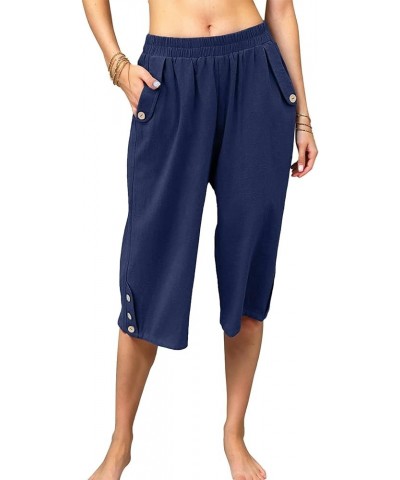 Women's Capri Pants Casual Elastic Waist Cropped Summer Trousers with Pockets Blue $14.99 Pants