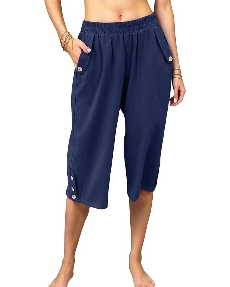 Women's Capri Pants Casual Elastic Waist Cropped Summer Trousers with Pockets Blue $14.99 Pants