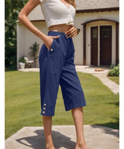 Women's Capri Pants Casual Elastic Waist Cropped Summer Trousers with Pockets Blue $14.99 Pants