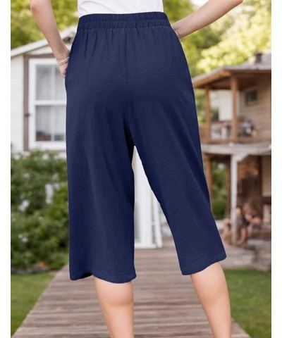 Women's Capri Pants Casual Elastic Waist Cropped Summer Trousers with Pockets Blue $14.99 Pants