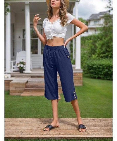 Women's Capri Pants Casual Elastic Waist Cropped Summer Trousers with Pockets Blue $14.99 Pants