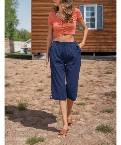 Women's Capri Pants Casual Elastic Waist Cropped Summer Trousers with Pockets Blue $14.99 Pants