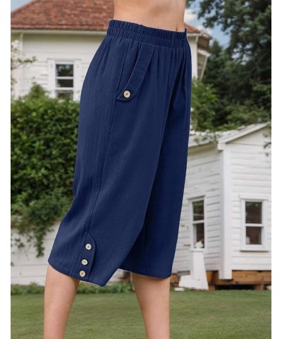 Women's Capri Pants Casual Elastic Waist Cropped Summer Trousers with Pockets Blue $14.99 Pants