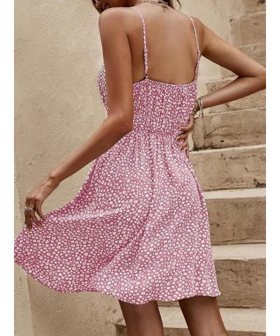 Women's Boho Floral Print Spaghetti Strap Cami Dress Casual Flare Short Dresses Pink $23.93 Dresses