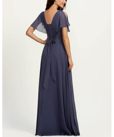 Slit Long Bridesmaid Dresses 2023 for Women V Neck Chiffon Ruffle Sleeves A-Line Formal Dresses with Pockets CO50 Lavender $1...