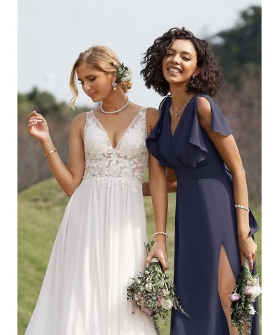 Slit Long Bridesmaid Dresses 2023 for Women V Neck Chiffon Ruffle Sleeves A-Line Formal Dresses with Pockets CO50 Lavender $1...