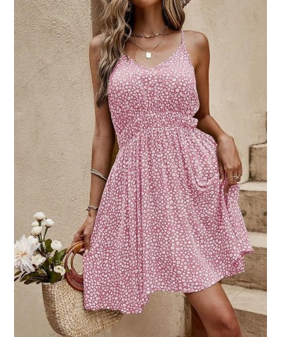 Women's Boho Floral Print Spaghetti Strap Cami Dress Casual Flare Short Dresses Pink $23.93 Dresses