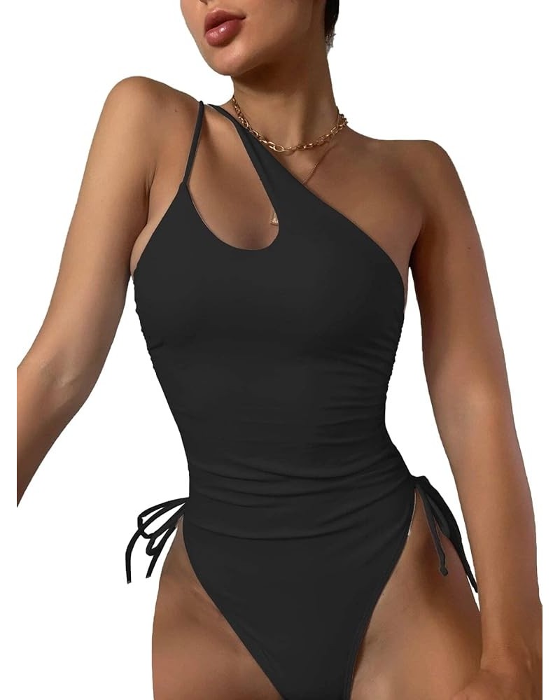 Sexy One Shoulder Tummy Control Ruched Swimsuit High Cut Brazilian Bathing Suit 1 Piece Black 2 $11.27 Swimsuits