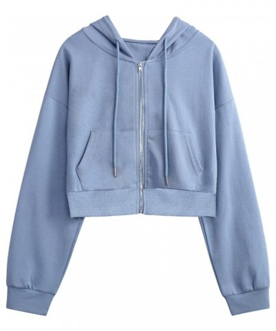 Zip Up Hoodie Women Cropped Casual Sweatshirts Workout Long Sleeve Drawstring Hooded Jacket Crop Tops Blue $18.23 Hoodies & S...