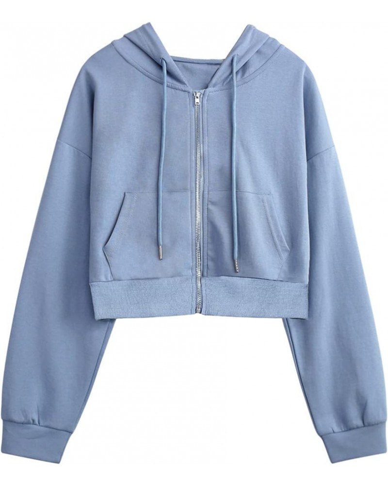 Zip Up Hoodie Women Cropped Casual Sweatshirts Workout Long Sleeve Drawstring Hooded Jacket Crop Tops Blue $18.23 Hoodies & S...