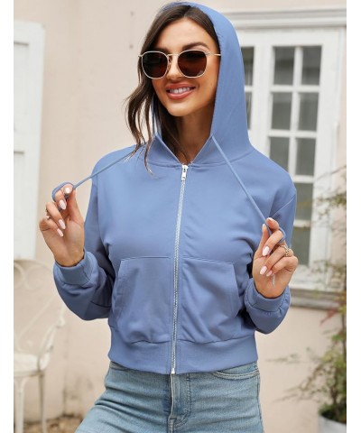 Zip Up Hoodie Women Cropped Casual Sweatshirts Workout Long Sleeve Drawstring Hooded Jacket Crop Tops Blue $18.23 Hoodies & S...