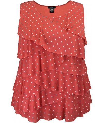 Women and Plus Size Printed Mesh Ruffle Tank (Small-5X) Coral / White Dot $12.17 Tanks