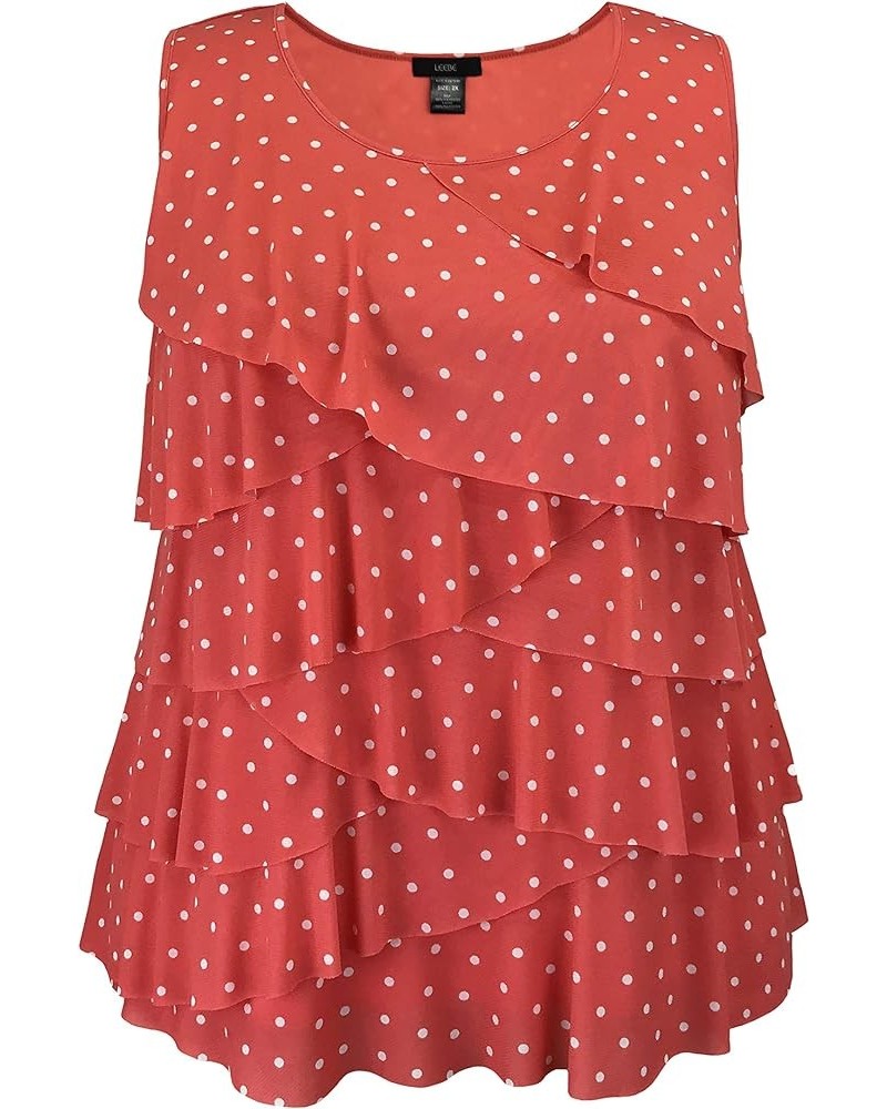 Women and Plus Size Printed Mesh Ruffle Tank (Small-5X) Coral / White Dot $12.17 Tanks