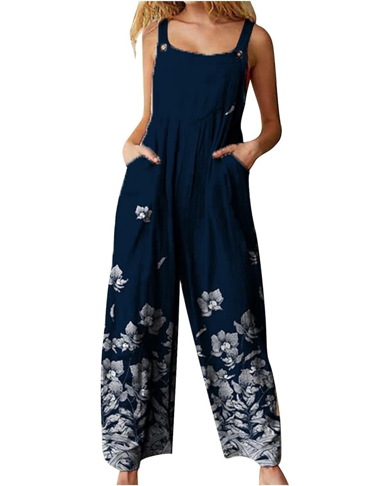 Women's Casual Patchwork Dual Pocket Jumpsuit Loose Floral Print Bohemian Wide Leg Bib Overalls 01-navy $9.70 Overalls