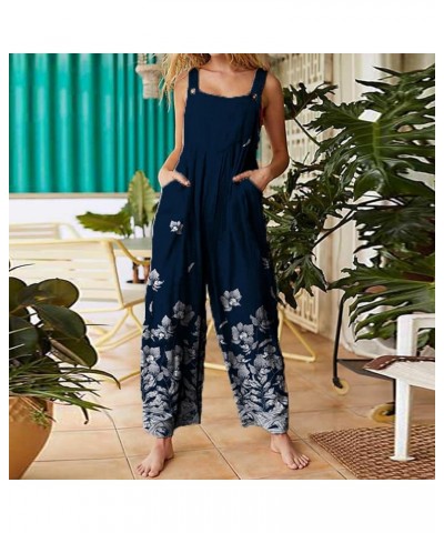 Women's Casual Patchwork Dual Pocket Jumpsuit Loose Floral Print Bohemian Wide Leg Bib Overalls 01-navy $9.70 Overalls