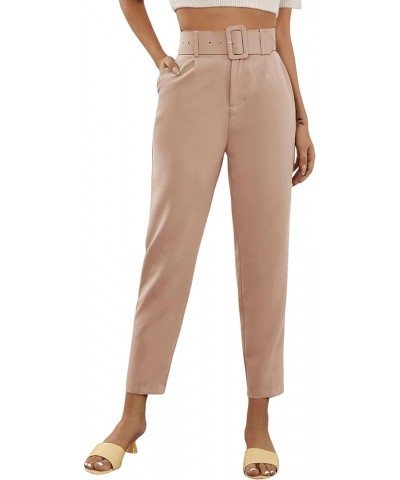 Women's High Waist Suit Pants Belted Crop Pencil Pants with Pockets Khaki $17.84 Pants