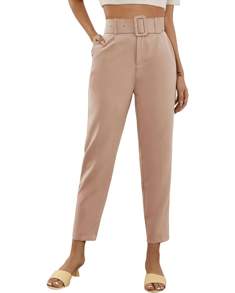 Women's High Waist Suit Pants Belted Crop Pencil Pants with Pockets Khaki $17.84 Pants