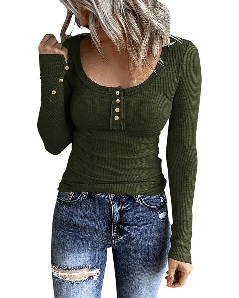 Women's Long Sleeve Henley Tshirts Button Down Slim Fit Casual Basic Tops Blouse Scoop Neck Ribbed Knit Shirts A3-army green ...