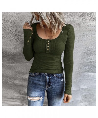 Women's Long Sleeve Henley Tshirts Button Down Slim Fit Casual Basic Tops Blouse Scoop Neck Ribbed Knit Shirts A3-army green ...