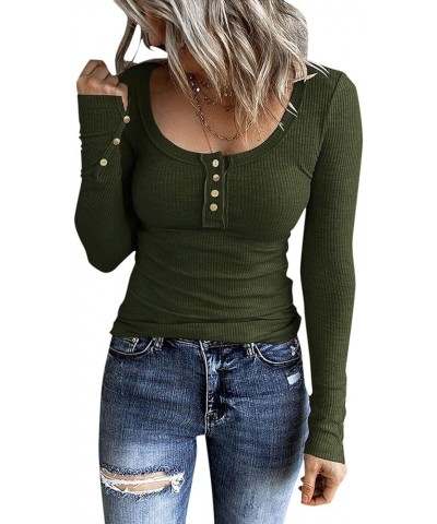 Women's Long Sleeve Henley Tshirts Button Down Slim Fit Casual Basic Tops Blouse Scoop Neck Ribbed Knit Shirts A3-army green ...